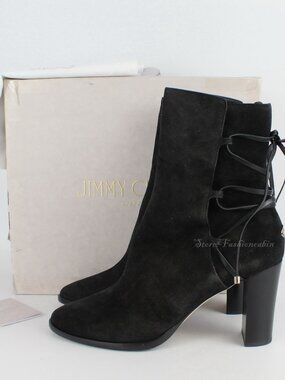 JIMMY CHOO Black Hampton 80 Suede Ankle Boots EU 42 Lace Up Back Almond Toe